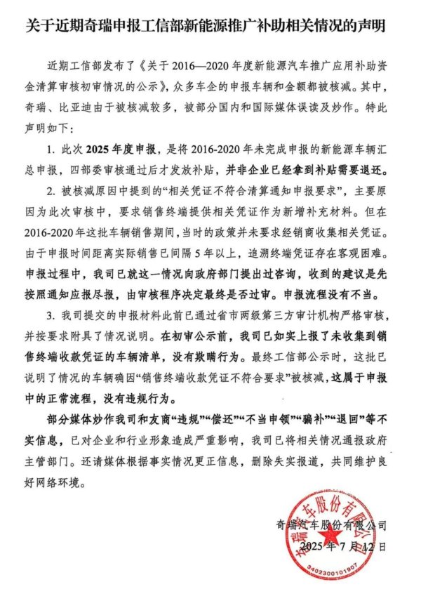 按日配资炒股 新能源推广补助资金被核减 奇瑞回应: 没有违规行为